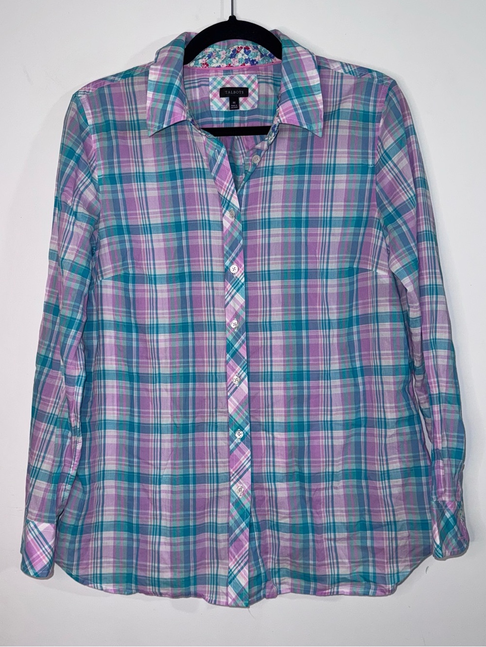 Talbots Women’s M Plaid Cotton Button Front Shirt Teal Purple Pink